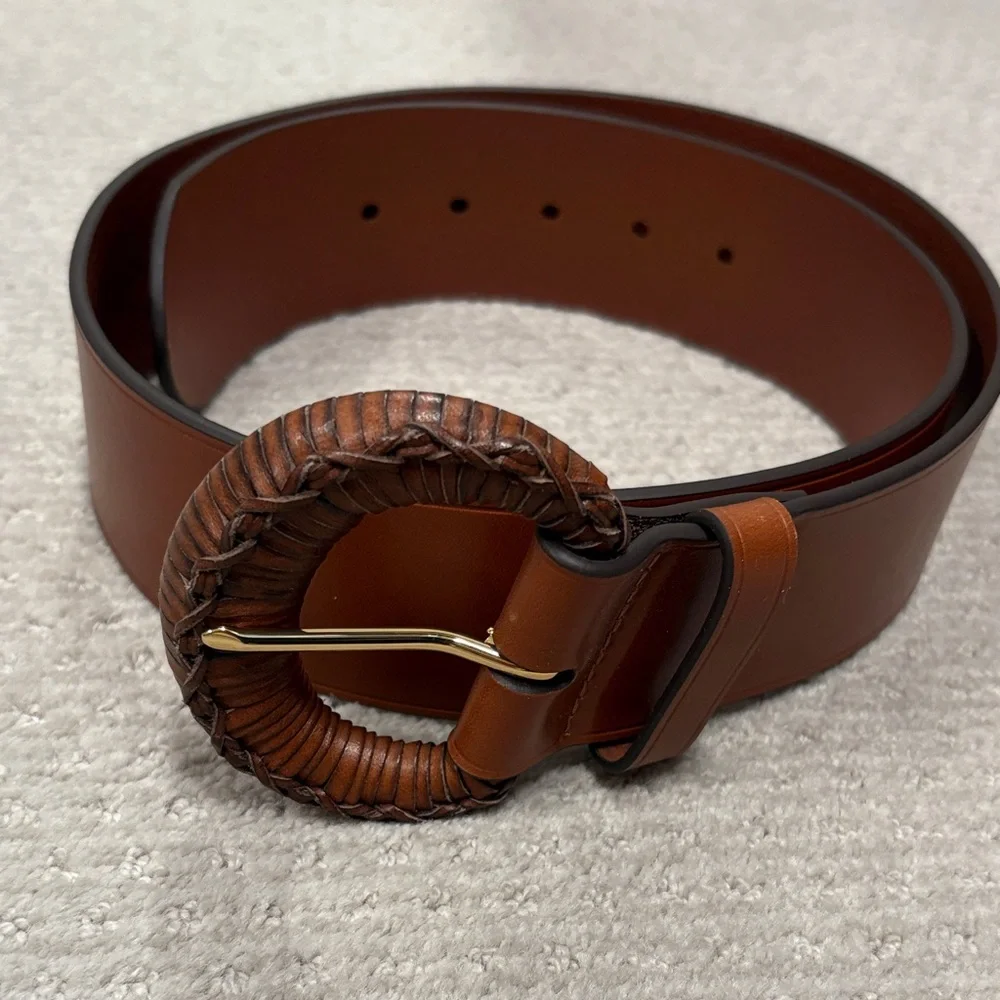 Ralph Lauren Brown Leather Belt with Woven Round Buckle